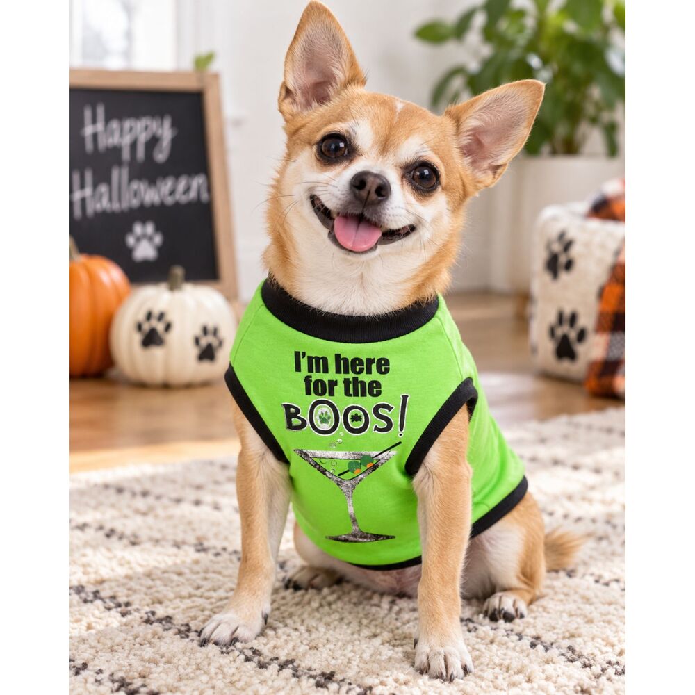 “I’m Here for the BOOS!” Halloween Dog Shirt – Green Pet Costume Tee, Size Small